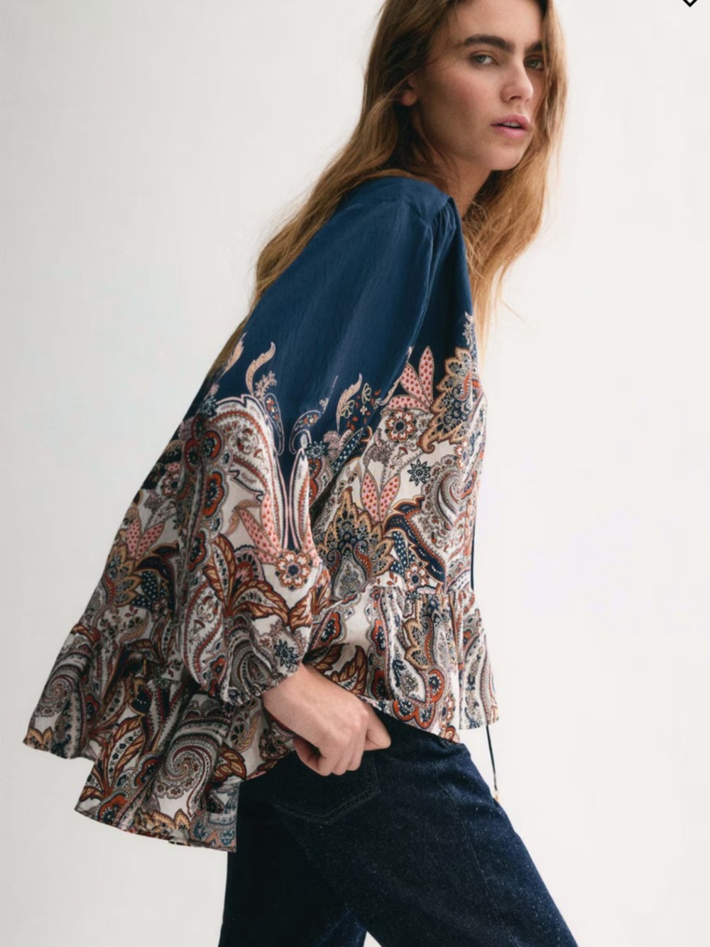 H&M OVERSIZED Navy Paisley Peasant Blouse with Multi-Color Print